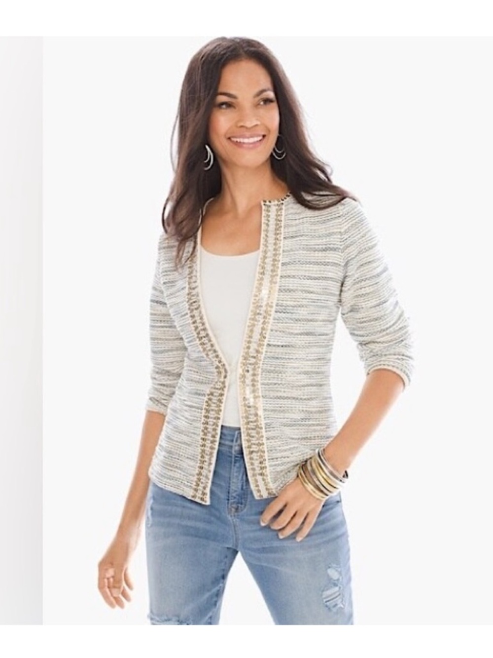 Chico's Open-Front Sequin Trim Cardigan